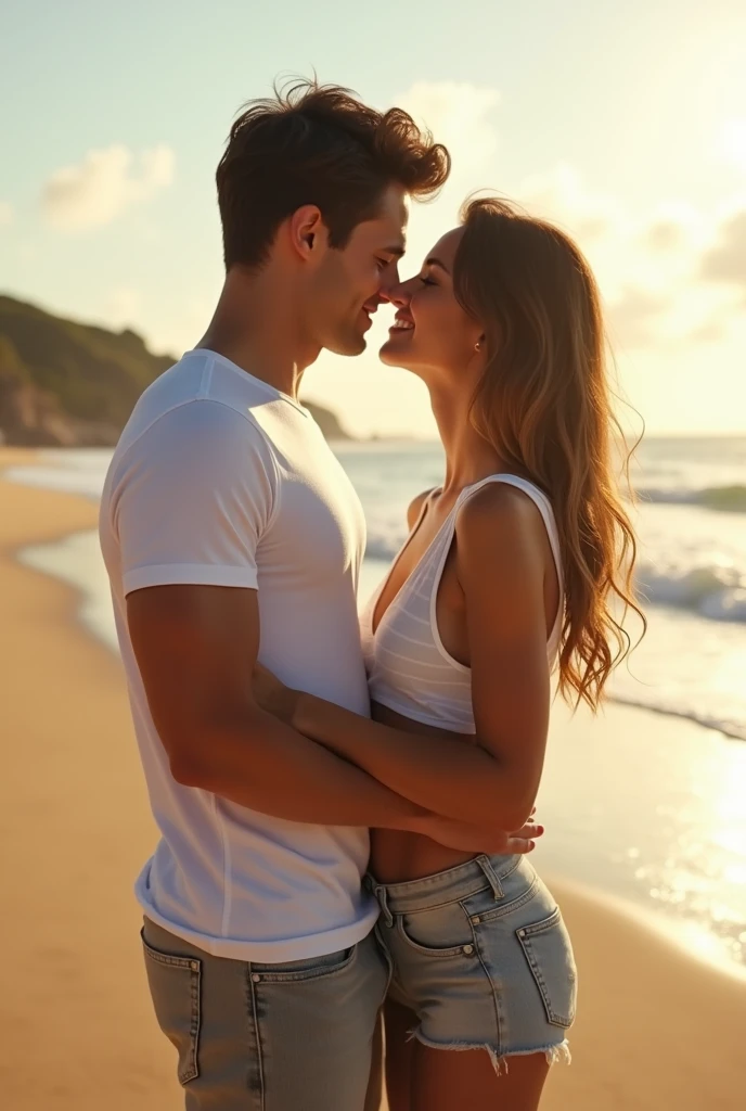 An handsome a american boy 19 years wearing white tshirt and black pant with his Germany girlfriend on beach 