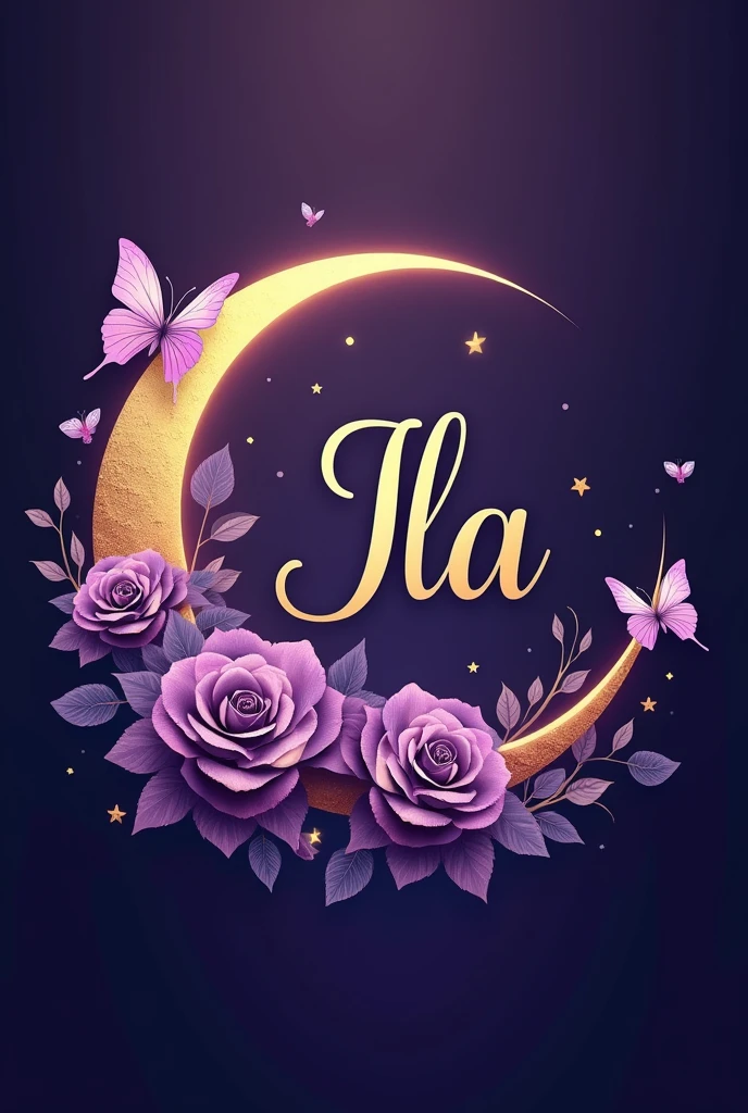 half moon decorated with purple roses and butterflies, by John La Gatta, artstation, seni digital, round logo, in the month, tifa lockaert, purple and gold color scheme, the letter ila in the middle, professional logo design, Twitter, from italica, sangat detail -i, flexible, it&#39;s afternoon, professional profile picture, catia, symbol