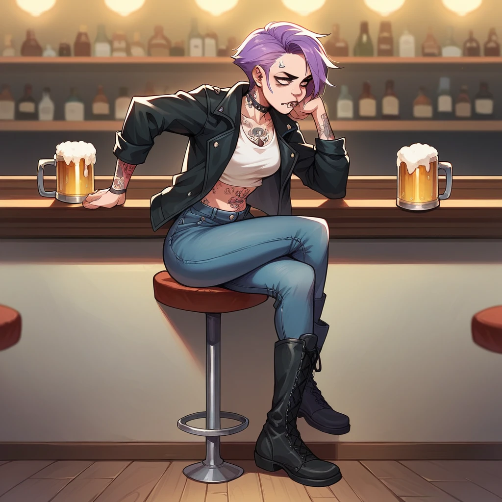A girl in her 20s with short light purple hair, with a blank expression, a nose piercing and tattoos, sits at a bar with a beer. she is wearing a black jacket and skinny jeans and boots