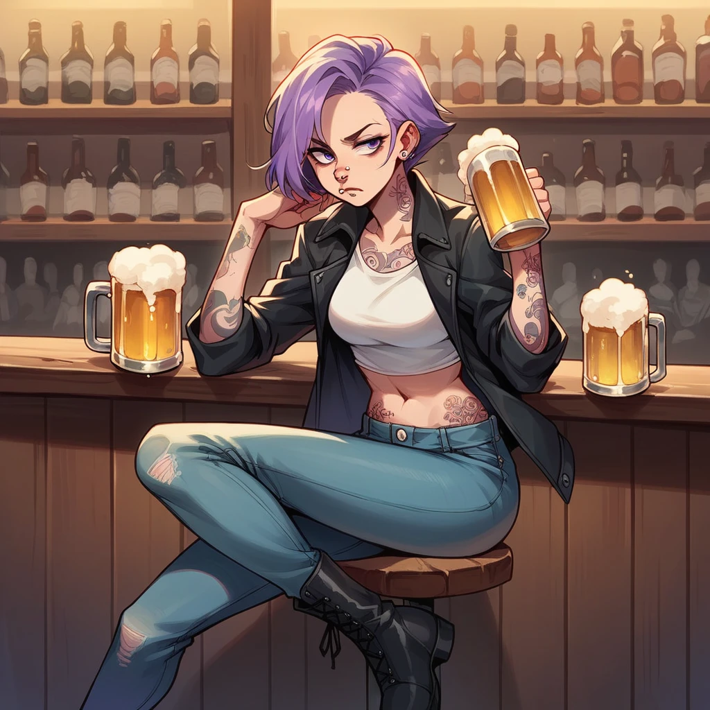 A girl in her 20s with short light purple hair, with a blank expression, a nose piercing and tattoos, sits at a bar with a beer. she is wearing a black jacket and skinny jeans and boots