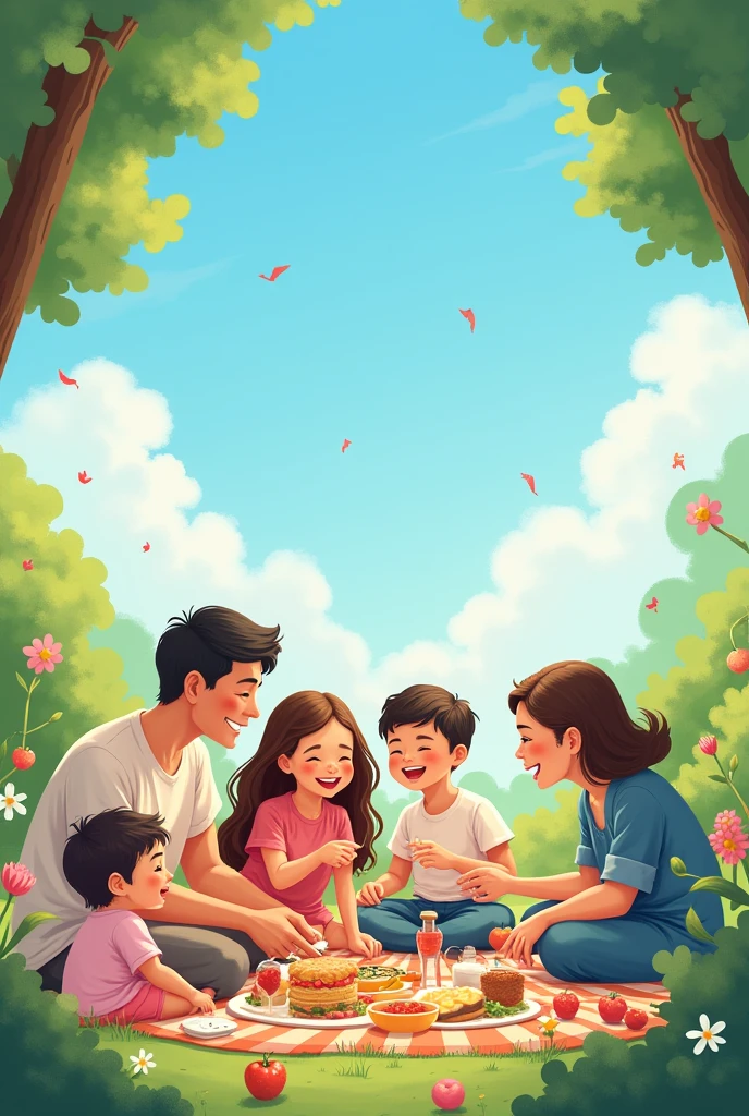 post, Funerary plan, Family picnic blue sky background, that express security, that plays with humor