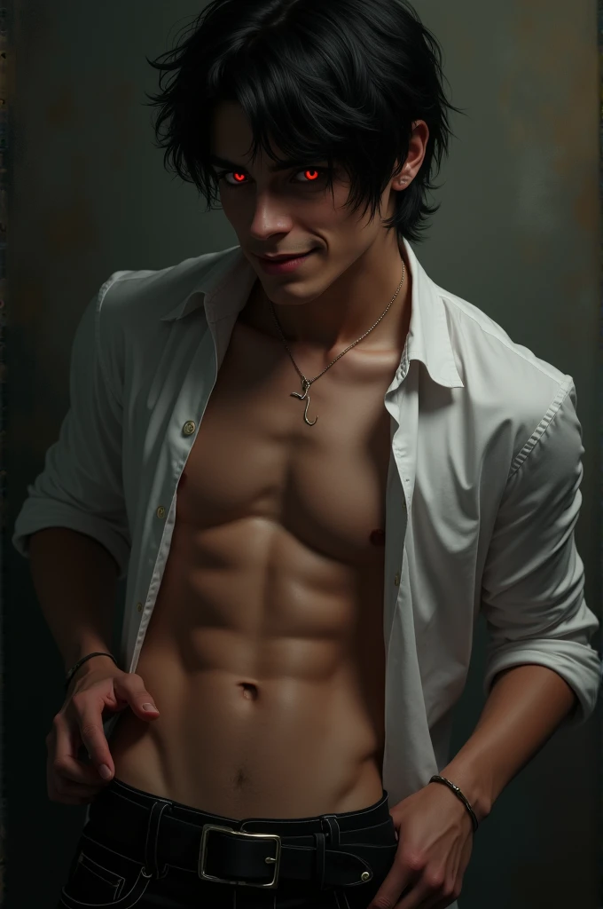 young European man, with black hair , red eyes , smirking, dressed in a unbuttoned shirt, slowly undressing