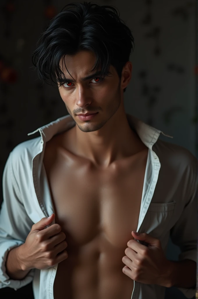 young European man, with black hair , red eyes , smirking, dressed in a unbuttoned shirt, slowly undressing
