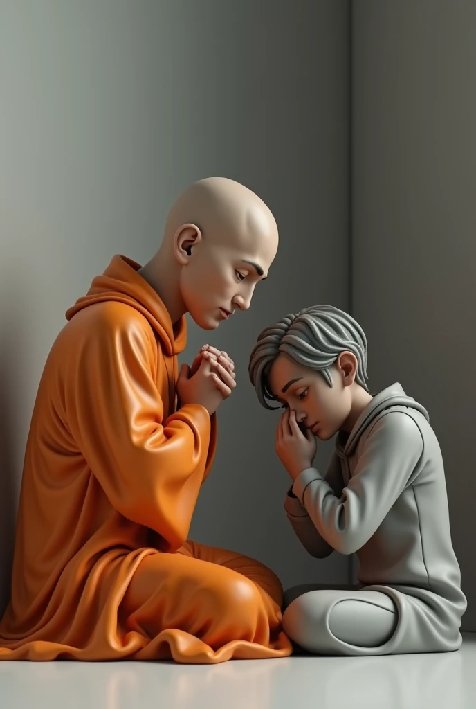 Monk and sad person no copyright 3d image with orange cloth
