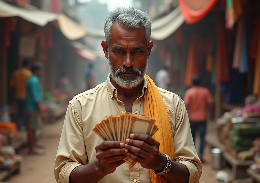 Man hold Indian money in hands