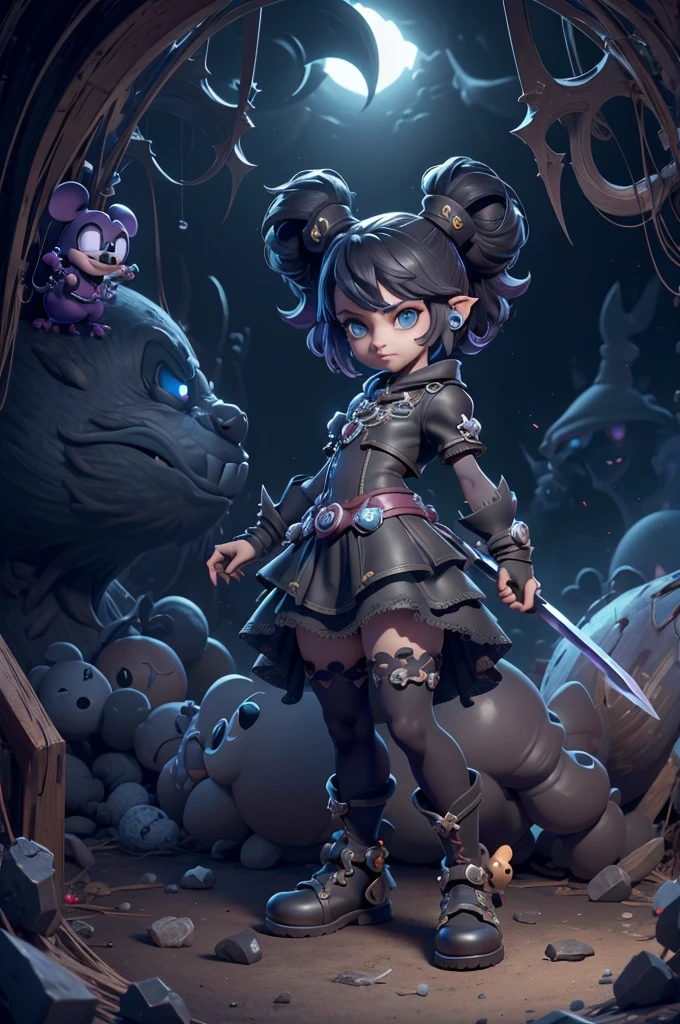 monstros estilos kingdom hearts, baseados em animais,3d style, shadown monster, demons, darkness monster, rayman legends, mickey mouse character style, girl and body, kingdom hearts, malhas leves e quentinhas, cores frias e alegres, portando espada magica, dark mouse in around, (raytrace), peitões