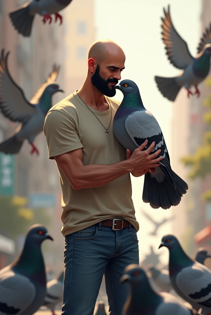 Create a bald adult with black beard 30 years old t-shirt and jeans, he loves doves and is kissing one, There are several pigeons around him