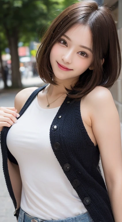 masutepiece, Best Quality, Illustration, Ultra-detailed, finely detail, hight resolution, 8K Wallpaper, Perfect dynamic composition, Beautiful detailed eyes, Women's Fashion Summer,Short bob hair,Small breasts natural color lip, Bold sexy poses,Smile,Harajuku、20 years girl、Cute、Sexy shot looking at camera