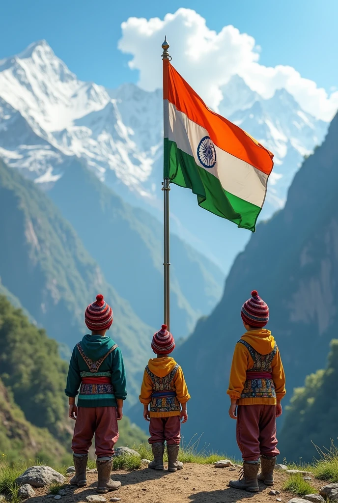 Himalayan Sikkim Tibetan and Nepali tribal 10 years three boy saluting india national flag, looking front 