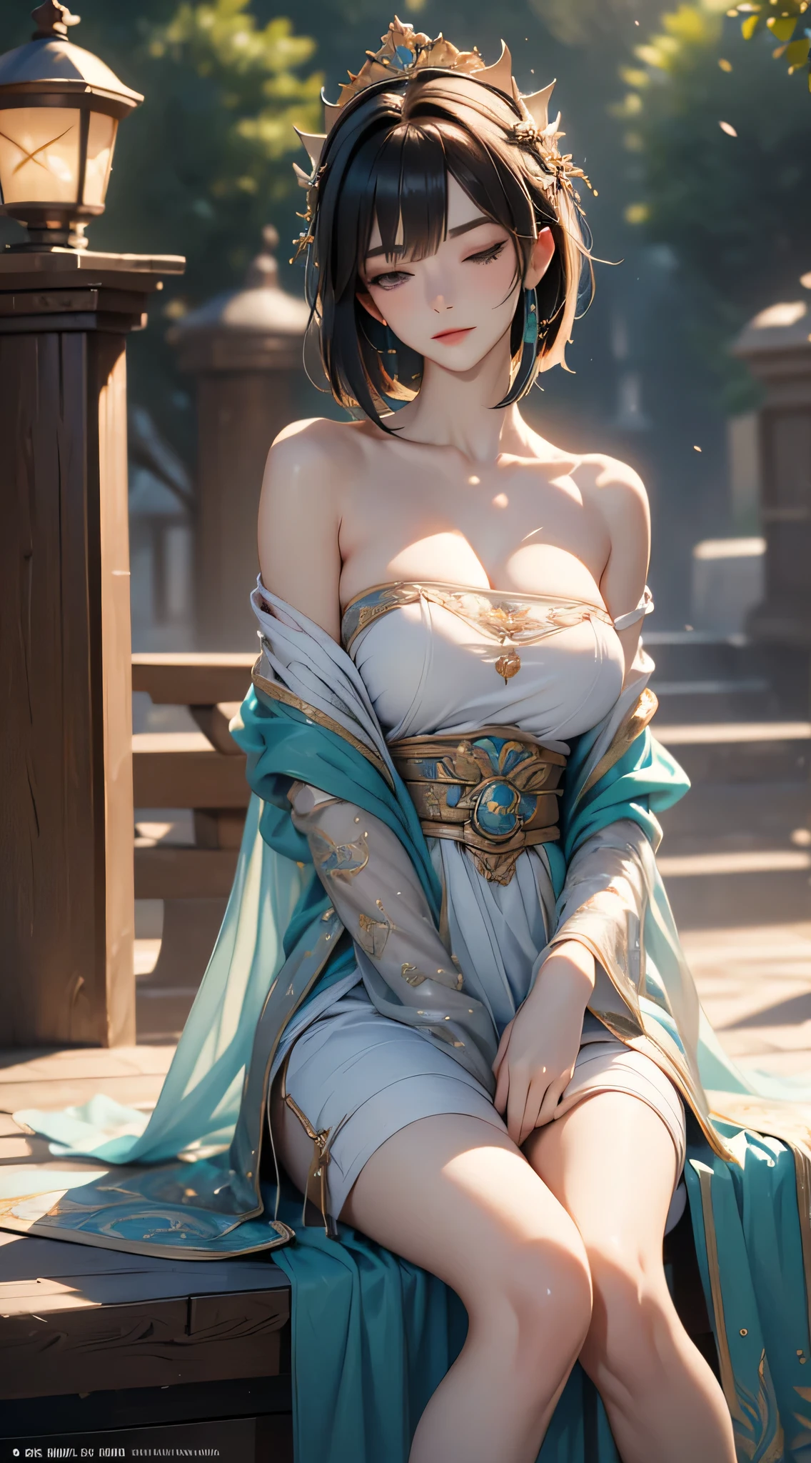 (masterpiece:1.3), ((Best quality at best)) , (disorganized:1.3), (highest quality:1.3),(perfect anatomy:1.5),Super detailed:1.3),(best shadow:0.7),(Ultra high resolution), extremely detailed texture, sharp focus, realistic lighting, cinematic quality, photorealistic details, smooth shading, fine grain, high dynamic range, 8K quality, exquisite clarity, ((no exposed body parts:1.3)), ((fully clothed)), ((no nudity)), ((decent clothing)), ((covered up)),perfect finger,(detailed face), solo, fine eyes, beautiful eyes, , Exquisite facial features, Interlacing of light and shadow,anime style, hands well proportioned to the body, arms with good anatomy, rest outdoors, intimidating pose, straight waist, posing standing, ((graduated bob cut:1.1)),(blunt bangs),1 mature woman, ((saggy small breasts)), ((muscular)), League of Legends Irelia, Wearing Viego's crown, Viego's crown, Green Viego crown, Viego crown, 3 spiked Viego crown, 3 spiked glowing crown, glowing Viego crown, Viego headpieace, SFW, wink, winking, one eye closed, Irelia's outfit, Irelia's clothes, mouth closed, closed mouth smile, looking at viewer, 8k, official art, masterpiece, ultrasharp, blush, red blush, sitting down, legs crossed, crossed legs, right leg over left leg, full body