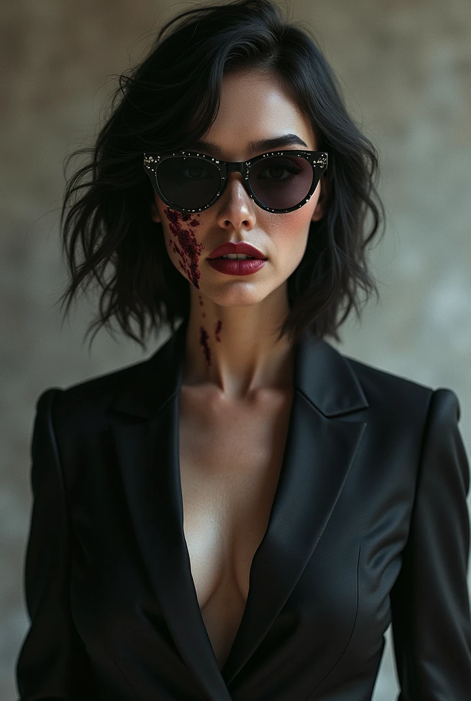 a half dressed woman, wearing sunglasses, and the other half hurt with torn clothes and smeared lipstick
