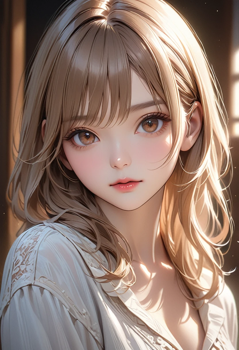 Highest quality, masterpiece, Ultra-high resolution, Realistic:1.2, RAW Photos, Intricate details, Portraiture,　big, beautiful brown eyes:1.2, Perfect contours, Perfect Proportions:1.2, one person&#39;s, break　((Mouth close-up:1.2, ((From the side:1.2)), ( avert your eyes:1.2)),, (compensate:1.2, Fuller lips:1.3, Pink Lips:1.3, Glossy Lips:1.3, Lips parted:1.2), (Talk to a food delivery robot:1.2), ((Silk sleeveless shirt:1.2, Silk skirt, Low heels)), break (The background is a family restaurant.:1.2、Several guests are dining), (Empty-handed)