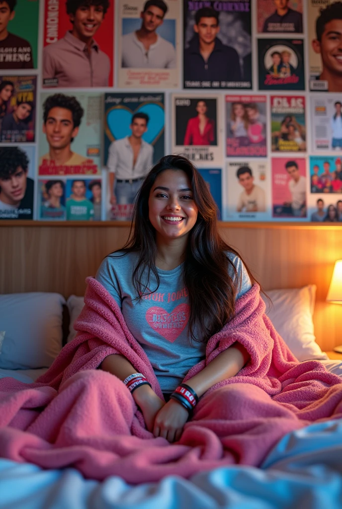 woman sitting on a bed in a room with bunches of posters on the wall of Jonas brothers an album cover by nick jonas , featured on tumblr, pop art, in her room, sitting happy in her room, fan girl teenage bedroom, in my bedroom, teenager hangout spot, posing in a bedroom, while posing in the same bed, 9 0 s bedroom, an 80's bedroom, Jonas brothers t-shirt