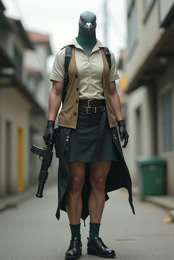 A gray female pigeon wearing an off-white collared short-sleeved shirt, a light brown vest, a knee-length black skirt, dark green socks and black shoes.、Gray female pigeon with a gun and muscular bodybuilder look