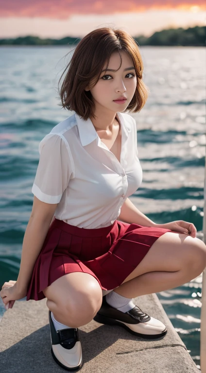 high quality、high resolution、masterpiece、Bright red sky、Beautiful crimson clouds in the background、Beautiful schoolgirl squatting on the edge of the waves with her legs spread, She has medium bob hair、Beautiful light brown hair color、Plump and large breasts、Narrow waist、White blouse、Wear a pleated skirt、Shoes are loafers、Black socks、
White panties、
She is posing for a photo shoot, Looking into the camera、Shooting from below、