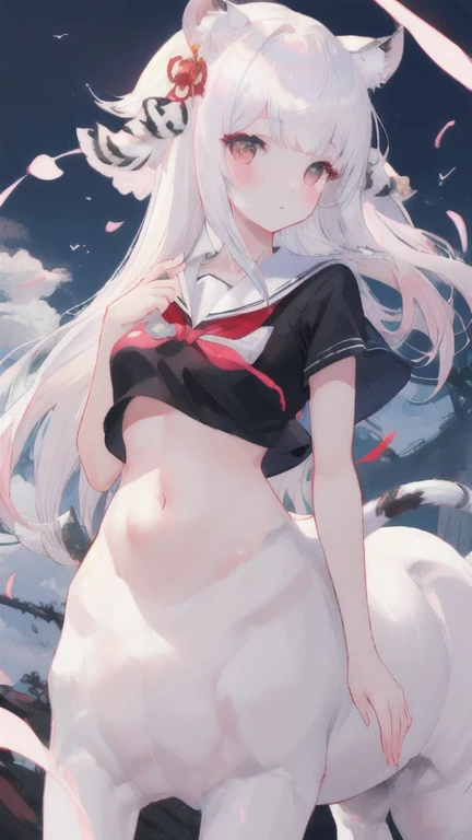 (best quality, masterpiece), 1 girl, centaur, I beg, White skin, Japanese schoolgirl, black pink, exposing the abdomen, belly button t-shirt , beautiful girl perfect, White tiger photo, 완벽한 White tiger photo