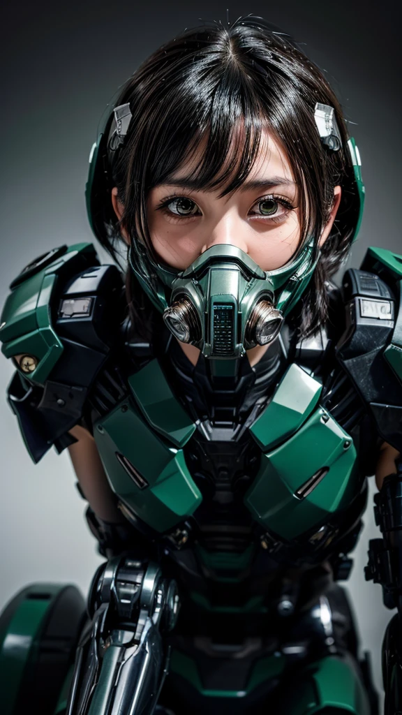 Textured skin, Very detailed, Attention to detail, high quality, 最high quality, High resolution, 1080P, hard disk, beautiful,(War Machine),beautifulサイボーグ女性,Mecha Cyborg Girl,BATTLE MODE,Girl with a mechanical body Black Hair Short Hair Boyish Dark green armor Soaked Face Change is over Met Off Steam coming out of the head Steam comes out from the whole body Feel the expression Please open your mouth wide Snug-fitting headgear Long Nozzle Gas Mask (On all fours) Looking up