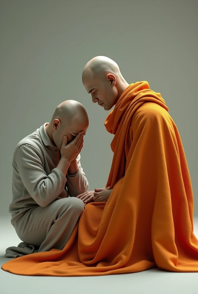 Monk and sad person  no copyright 3d image with orange cloth 