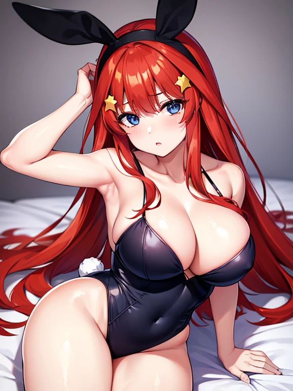 Shot in the bedroom,Photograph the whole body,Nakano May, Itsuki Nakano, Bangs, Blue eyes, Hair between the eyes, A single hair on top of the head, Red Hair,Star O \(symbol\), Hair Ornaments, Star Hair Ornament,Big Breasts,Cleavage,Black Bunny Girl,Black rabbit ears headband