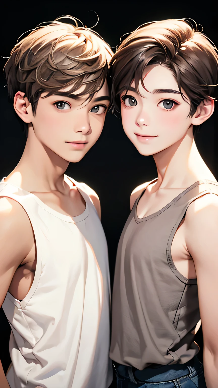 Highest quality、Realistic、zoom、Two people、Alongside、male、twins、The same face、Same height、cute、Grey Eyes、Light brown hair、short hair、White tank top、Shorts、thin、Gazing at each other、smile、living、Bust Shot