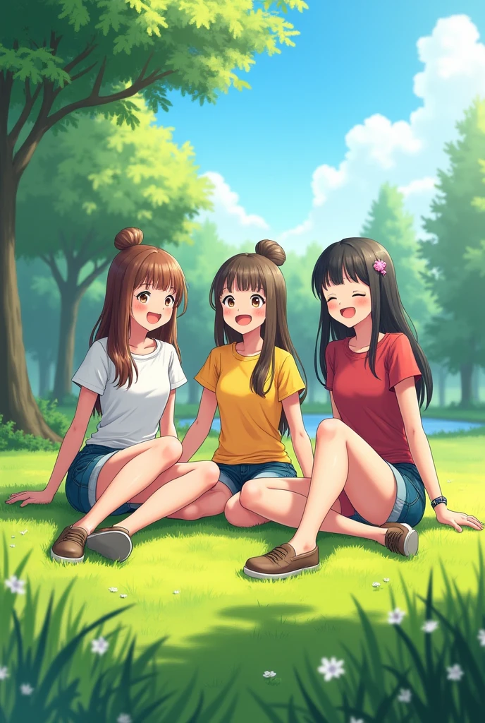 Happy scene、Three High School Girls、Relax on the lawn、Big smile