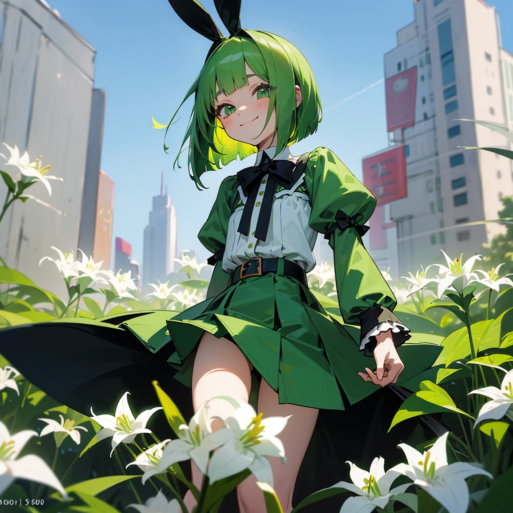 Green rabbit ears, green animal ears, a girl, bob cut, green hair, green eyes, look young, alone, short, tiny,Lolita, childhood,smile, White blouse, mini skirt, belt, white Lily hair accessory, kawaii, cute, 10-year-old, baby face, face, 1900 age, City,