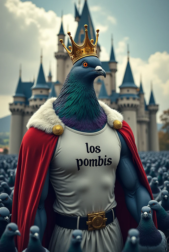 A MUSCULOUS KING PIGEON WITH A CROWN AND A SHIRT WRITTEN LOS POMBIS ON A CASTLE IN THE MIDDLE THAT STANDS OUT IN AN ARMY OF PIGEONS PRINTED ON A SHIRT