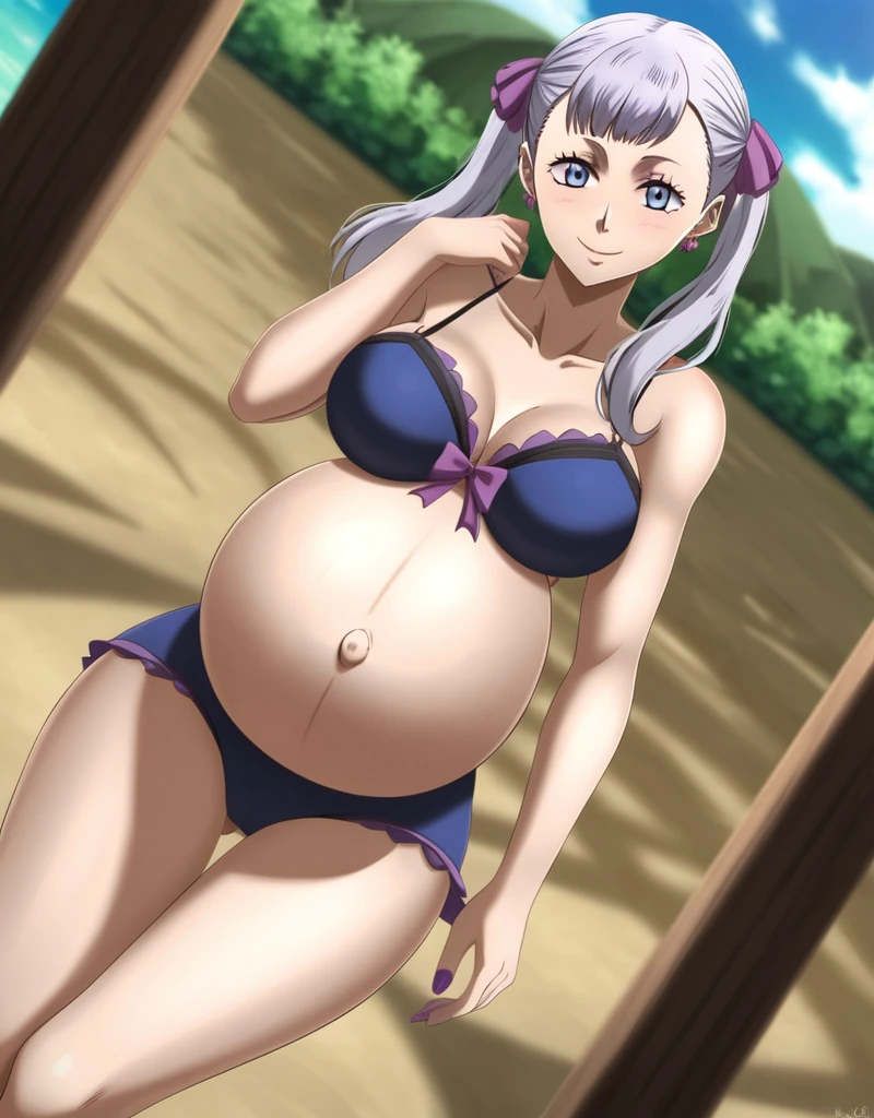 noelle_blackclover, Noelle Silva, Black Clover, long silver hair, waist-length hair, half-up half-down hairstyle, ribbon, side-parted bangs, almond-shaped blue eyes, high-quality, ultra-detailed, beast quality, 8K resolution,
looking at viewer, dutch angle, cowboy shot, smile, pregnant belly, large belly, big belly, big Breasts, belly button, Earrings,
1girl,solo, indoors, beach, happy, Smiling, rub belly, selfing,
full body, Nail polish,