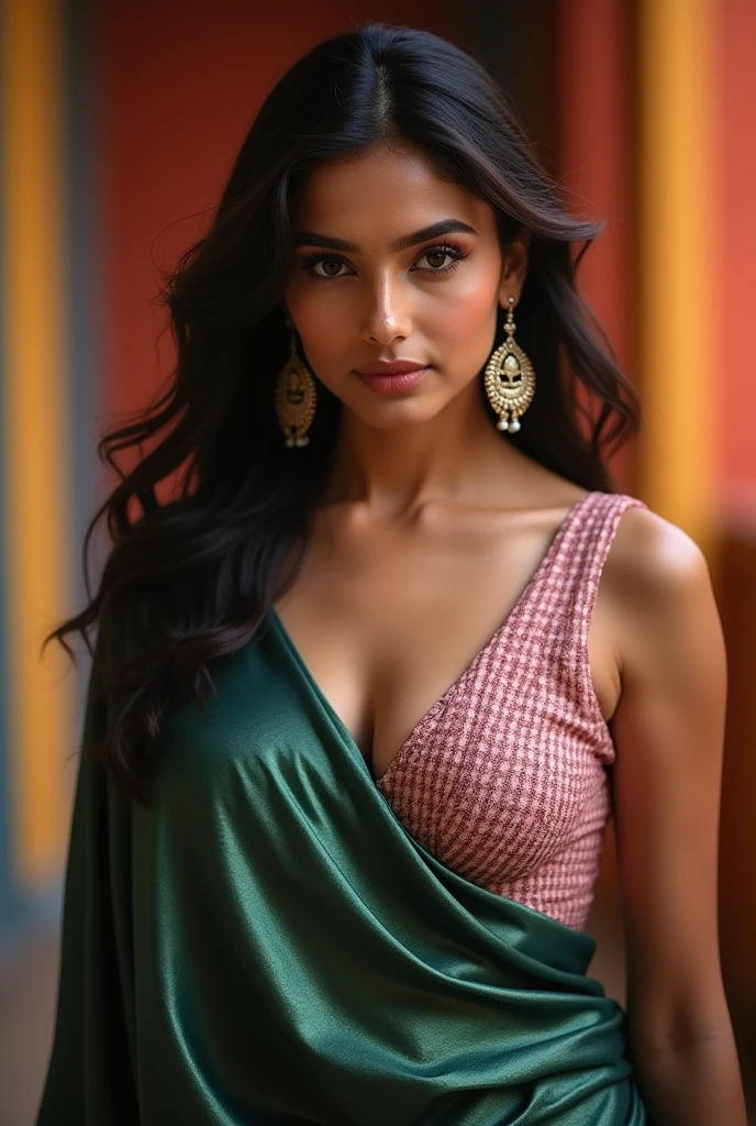A sexy Indian wife with a huge round shining hanging and long cleavage line visible in a sexy translucent folded dark-green saree & pink single tripe low cut rajasthani blouse with colorful checkered prints. without sleeves, Note: wife should look like "Sakshi Bhogal" an Instagram model, medium shot, 85mm lens, thigh high, detailed face, detailed skin texture, pores, photorealsitic, professional photography , ((uncroppped, unclipped)), vibrant colors, depth of field.