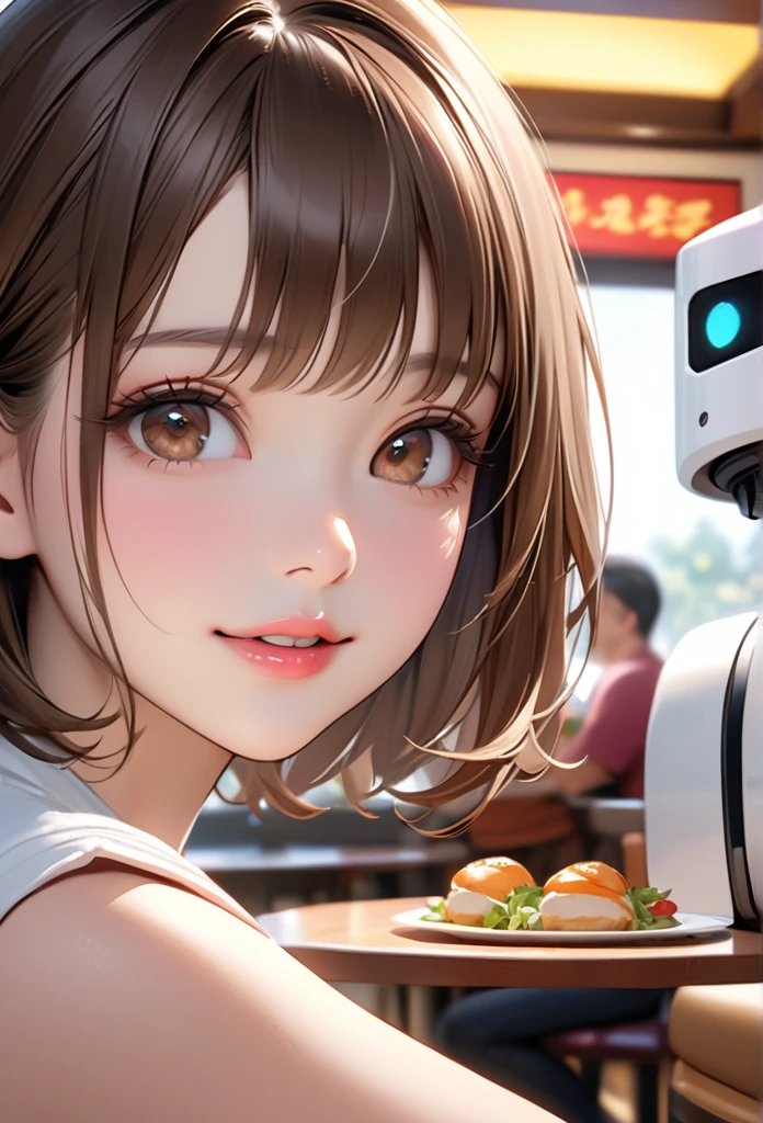 detailed portrait of a young woman, photorealistic, 8k, best quality, masterpiece, ultra-detailed, realistic, high resolution, stunning eyes, perfect features, beautiful brown eyes, flawless contours, perfect proportions, 1 girl, close-up of mouth, profile shot, frontal shot, averted gaze, , short stature, wavy brown hair, short hair, plump lips, pink lips, glossy lips, parted lips, conversing with a food delivery robot, silk sleeveless shirt, silk skirt, low heels, knees bent, arms raised parallel, leaning forward, smiling expression, wide open mouth, family restaurant background, guests eating