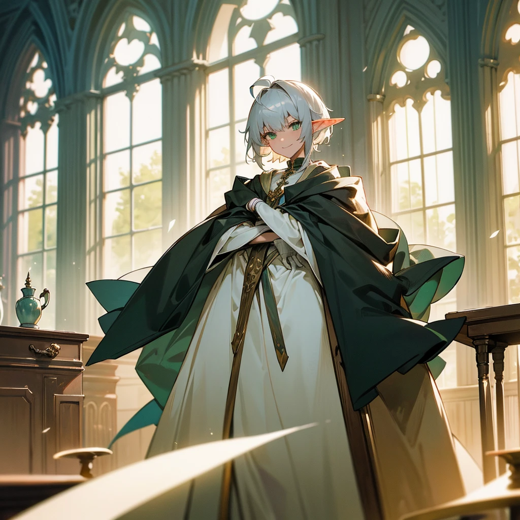 Elf, silver hair,short hair, medium cut, ahoge, curly hair,green eyes,slender, fair skin, robe,  cloak,White gloves, arms crossed, cross-legged, fantasy, inside, in the room, with a window, with a desk, with a chair, with a bookshelf, slender, cool Smile, sitting, toned, male