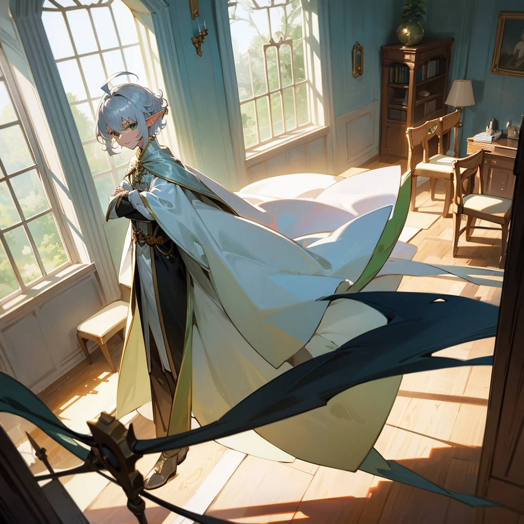 Elf, silver hair,short hair, medium cut, ahoge, curly hair,green eyes,slender, fair skin, robe, cloak,White gloves, arms crossed, cross-legged, fantasy, inside, in the room, with a window, with a desk, with a chair, with a bookshelf, slender, cool Smile, sitting, toned, male