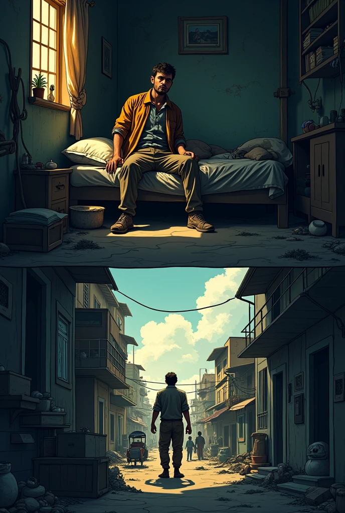 
Panel 1:Bipul is seen waking up in a small, run-down apartment. The room is dark, with light barely filtering through the curtains. He’s rubbing his eyes, looking tired but determined.)

Bipul (thinking):
"Another day… I can’t give up now."

Panel 2:
(He quickly gets dressed in his worn-out work clothes and steps outside. The town is lively, with people bustling about, but no one pays him any attention