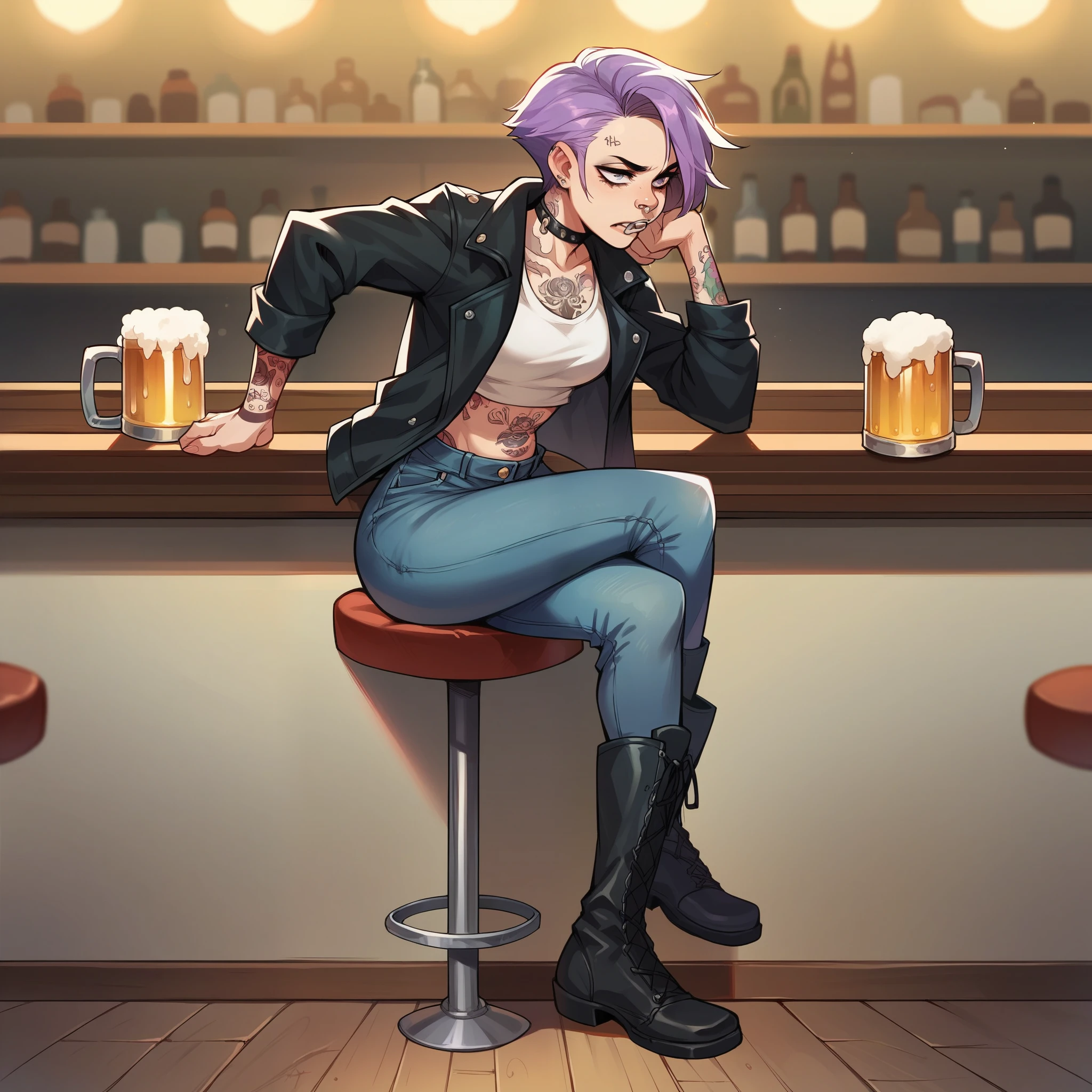 A girl in her 20s with short light purple hair, with a blank expression, a nose piercing and tattoos, sits at a bar with a beer. she is wearing a black jacket and skinny jeans and boots