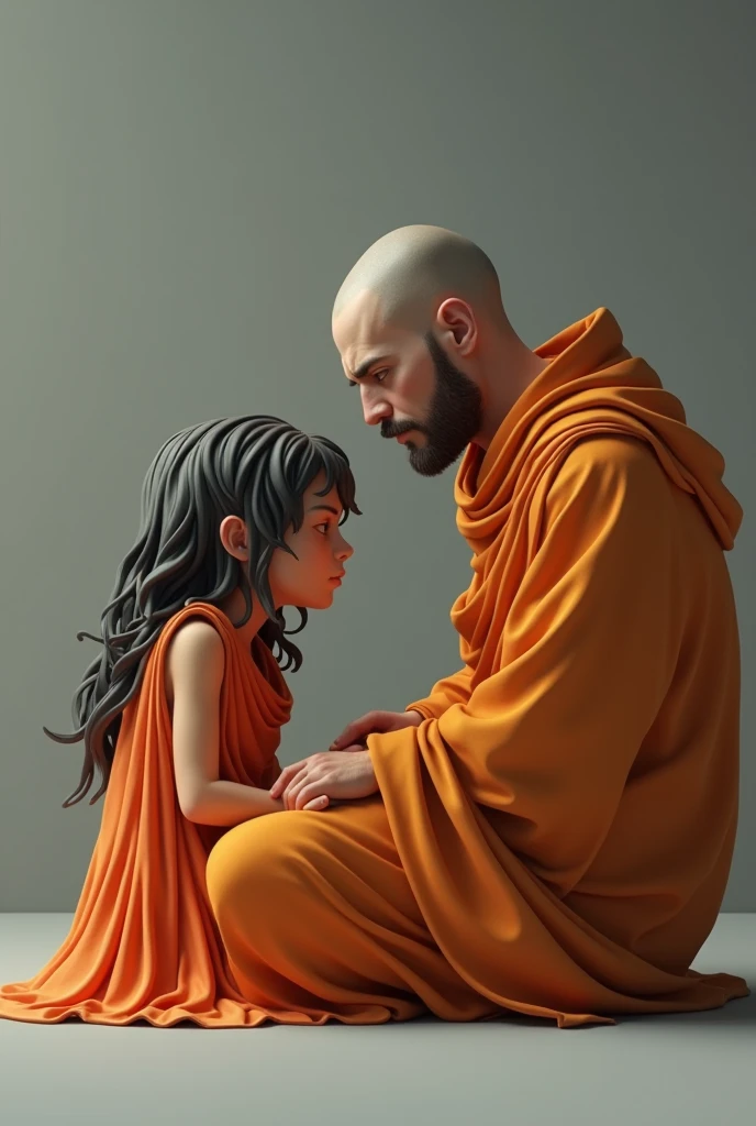 Monk and sad person no copyright 3d image with orange cloth