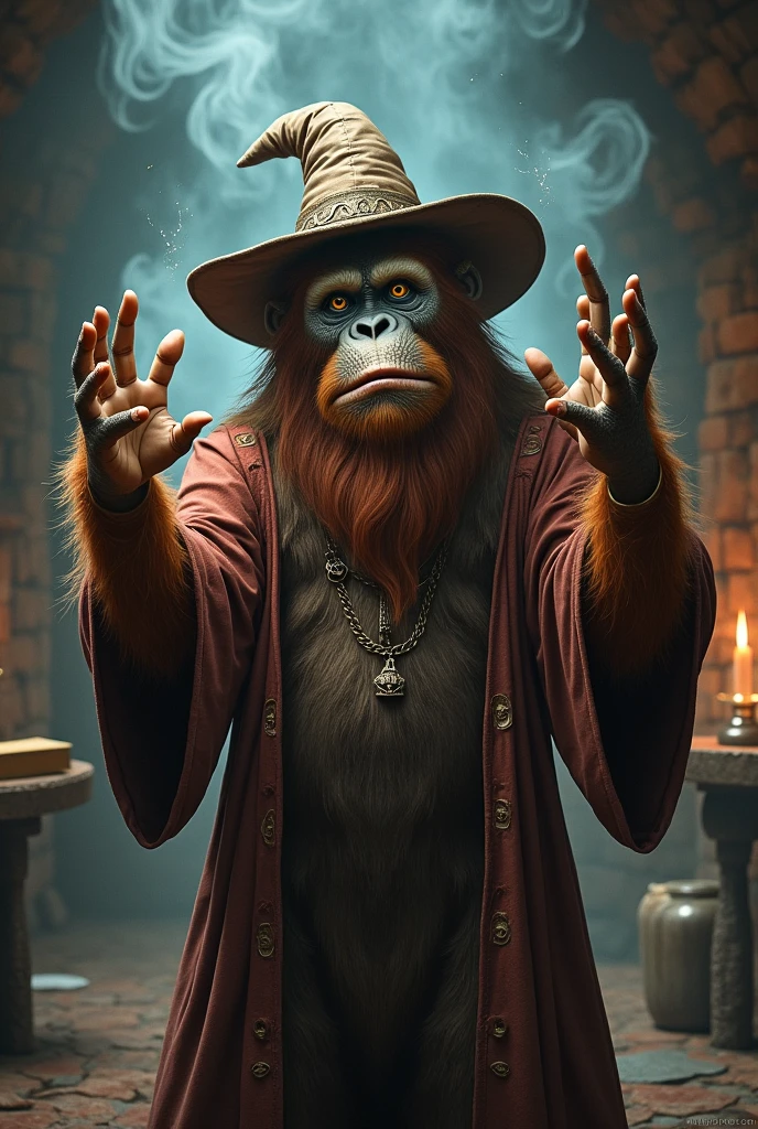 An Orangutan dressed as a wizard doing a magician pose