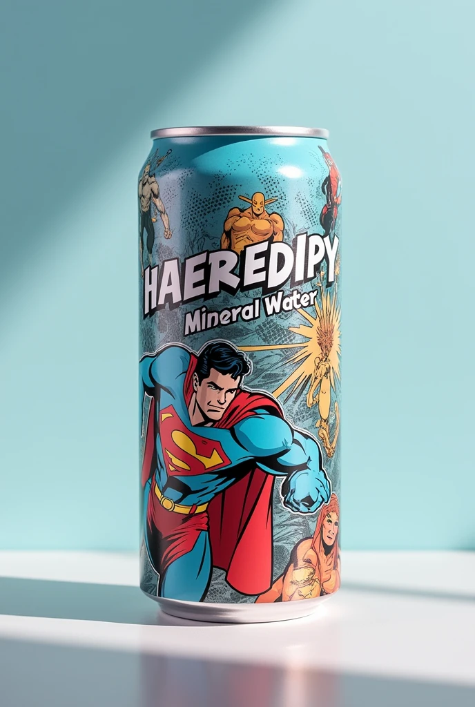 Product photo of mineral water can packaging with superhero pictures. And there is a product name for mineral water 