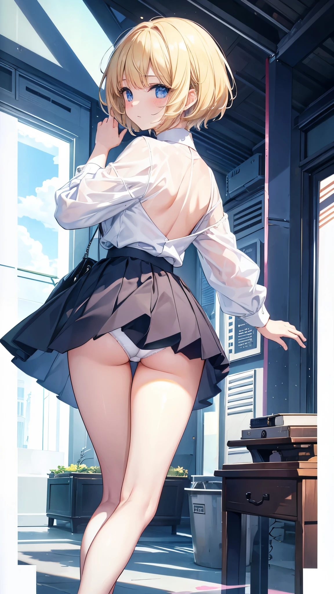 Highest quality、one person's,Full body portrait、、Perfect Five Fingers、Perfect Legs、Perfect Legs、Zeta、Zeta、Perfect、Detailed Description、The finer details、Embarrassed face、Detailed face、mini skirt、blonde、short hair、White panties、White panties、I can see your pants、Rear View、turn around、look back、Skirt flip、Lift up your skirt、Poses that accentuate the buttocks