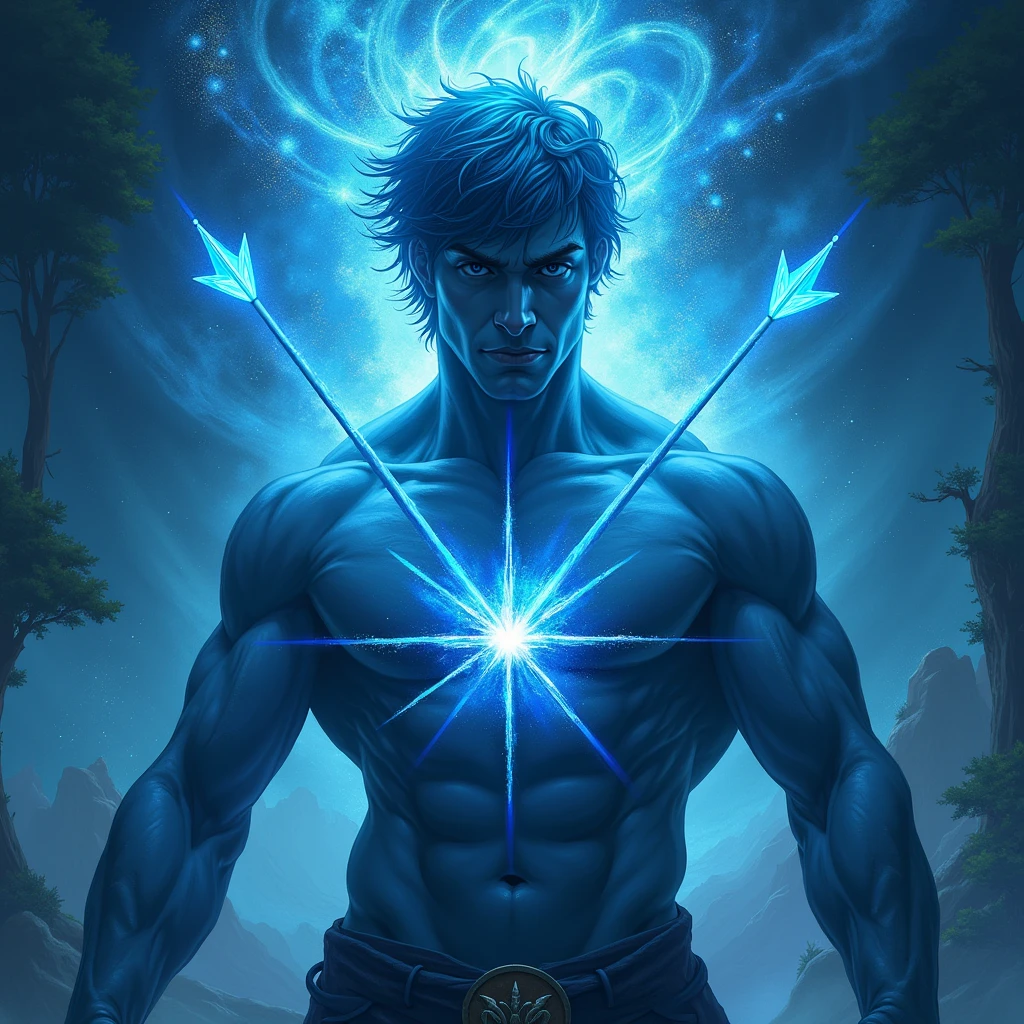 A close up portrait of a mystical depiction of a bluish fit man with his three arrows glowing with divine energy, surrounded by a powerful aura. The background could be a blend of celestial and earthly elements, showing the divine nature of his power.