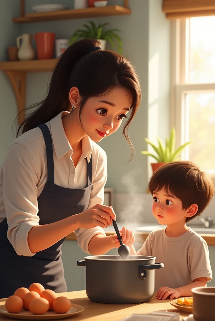 "The teacher is using a spoon to carefully remove the boiled egg from the pot while the child watches.
