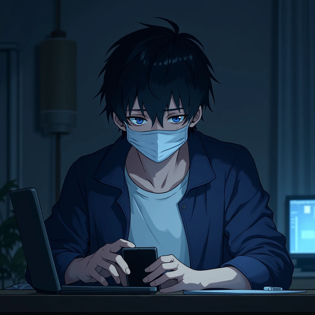 One person,Handsome,Black Hair, blue eyes, White T-shirt,Navy blue jacket,smartphone,computer,mask,Anime Style,An illustration,Drooping eyes,Illness,night