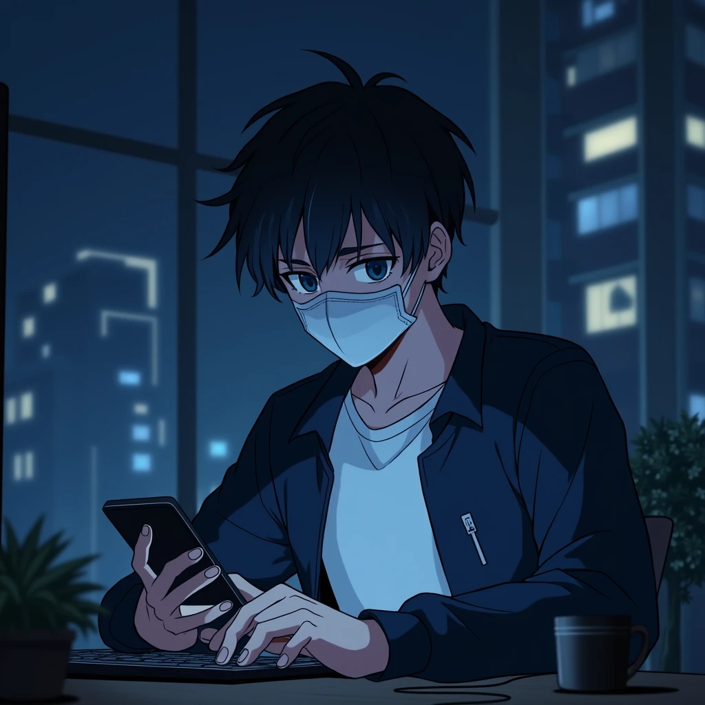 One person,Handsome,Black Hair, blue eyes, White T-shirt,Navy blue jacket,smartphone,computer,mask,Anime Style,An illustration,Drooping eyes,Illness,night