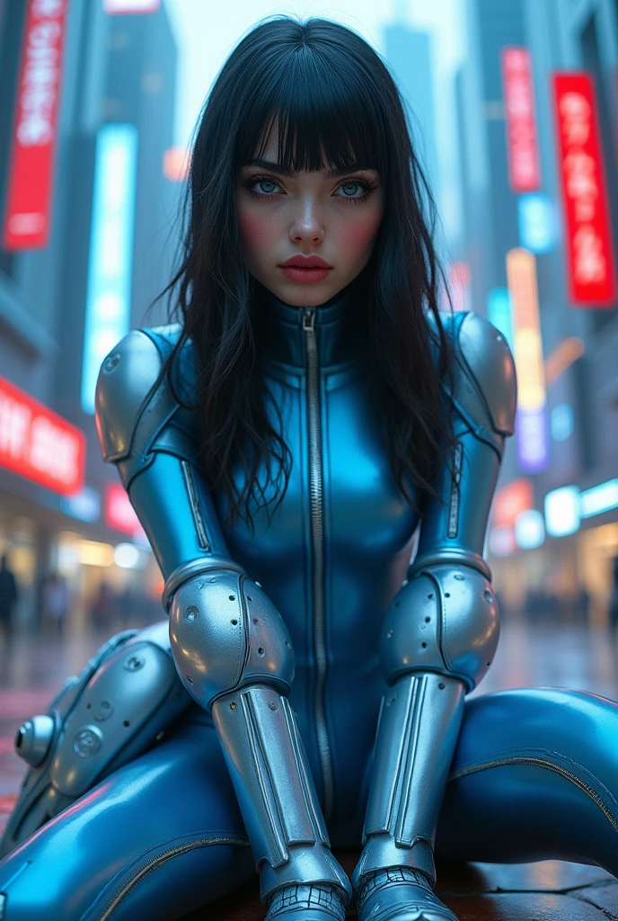 Best quality, detailed beautiful face, techwear, shiny skin, Silver armor, high heels, hands on knees, 8k, masterpiece, best quality,(photo realistic:1.4),ultra high res,1girl of  old,(from below),fisheye,
Big and upward-curved eyes,Thick eyebrows set slightly high,Long hair with lots of bangs,Long hair with lots of bangs, Small face with a V-shaped jawline,full-face blush, light frown, 
Sci-fi blue tight leotard, sci-fi weapon, cyberpunk city, look at viewer