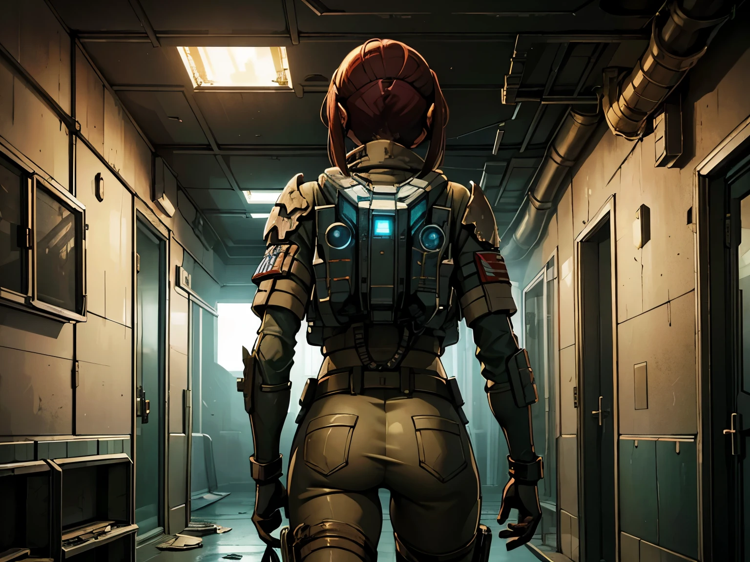 masterpiece, great detail, Girl,  Astronaut Soldier, without helmet, mink from behind, uniforme combate, dirty, with stains,, armor scifi, Alone, abandoned spaceship, wrecked ship, low light, destroyed hallways, Cables, Cables, Lights