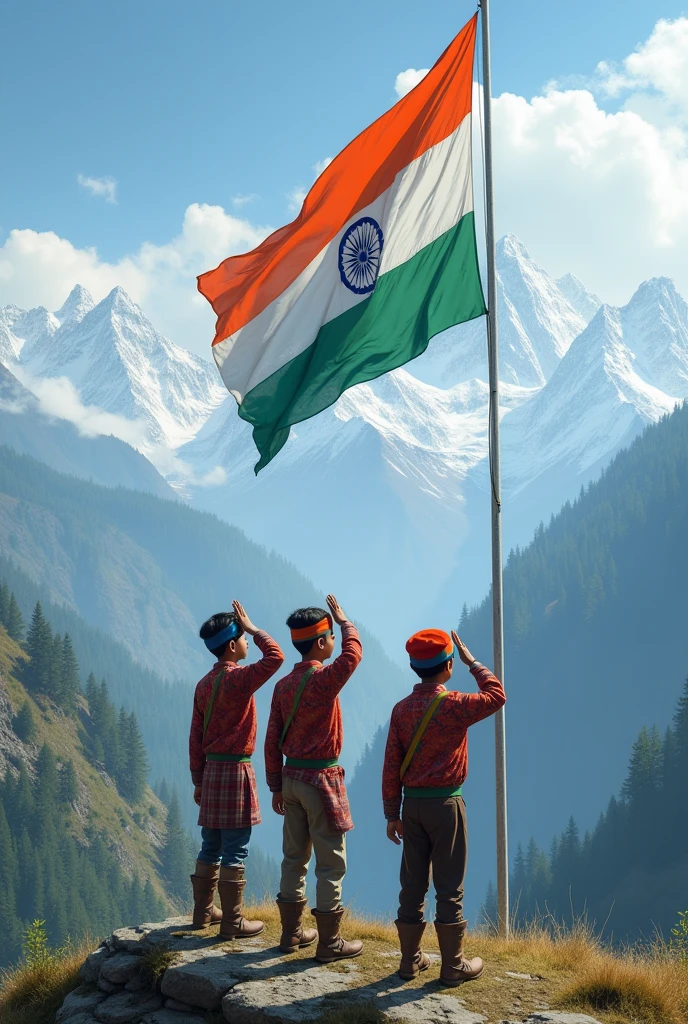 Himalayan Sikkim Tibetan and Nepali tribal 10 years three boy saluting india national flag, looking front