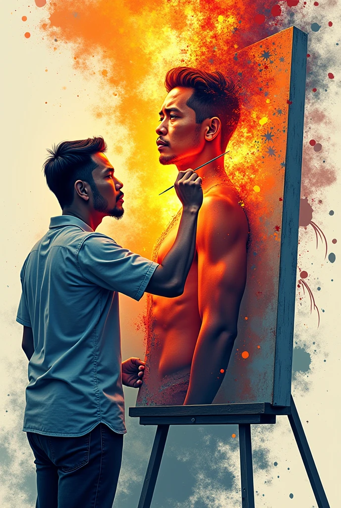 Line art a filipino man painting himself in a canvas like a mirror, make it something is coming out of him, burning passion, his creativity , his culture, his motivation, inspiration, the culture of philippines, add drops of color