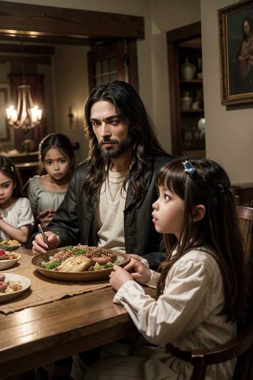 description Jesus in my house , details Jesus sitting at the table in period costume having dinner with a medium-sized family that includes sons and daughters, father and mother and grandparents, characteristics of the brown family that intertwine the Brazilian mixture of races, who has a pet close to them, happily watching as everyone eats dinner .... the family's clothes must be from the present moment only Jesus in period clothes , Jesus seated facing everyone and everyone seated around him at a large table, animation style background Disney Pixar, With the greatest wealth of detail, the image needs to convey the information that the family is united and Jesus is blessing them at that moment..
