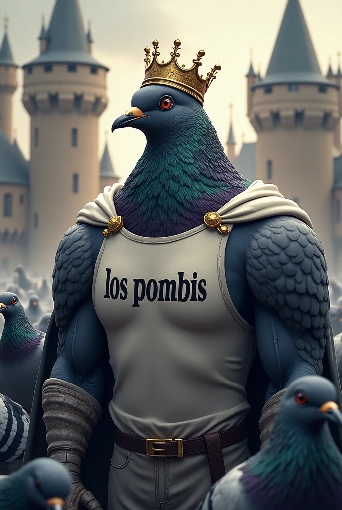 A MUSCULOUS KING PIGEON WITH A CROWN AND A SHIRT WRITTEN LOS POMBIS ON A CASTLE IN THE MIDDLE THAT STANDS OUT IN AN ARMY OF PIGEONS PRINTED ON A SHIRT