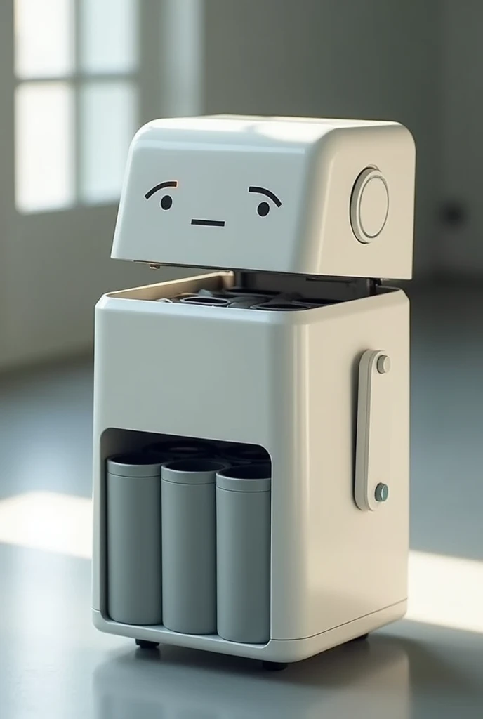 Appearance: A small box-like structure with a rotating top lid and three compartments inside.
Sketch: Draw a cube-shaped robot with a simple face on one side to give it some character without making it look cartoonish. The top part has a rotating lid to receive trash, and below it, three bins are visible.