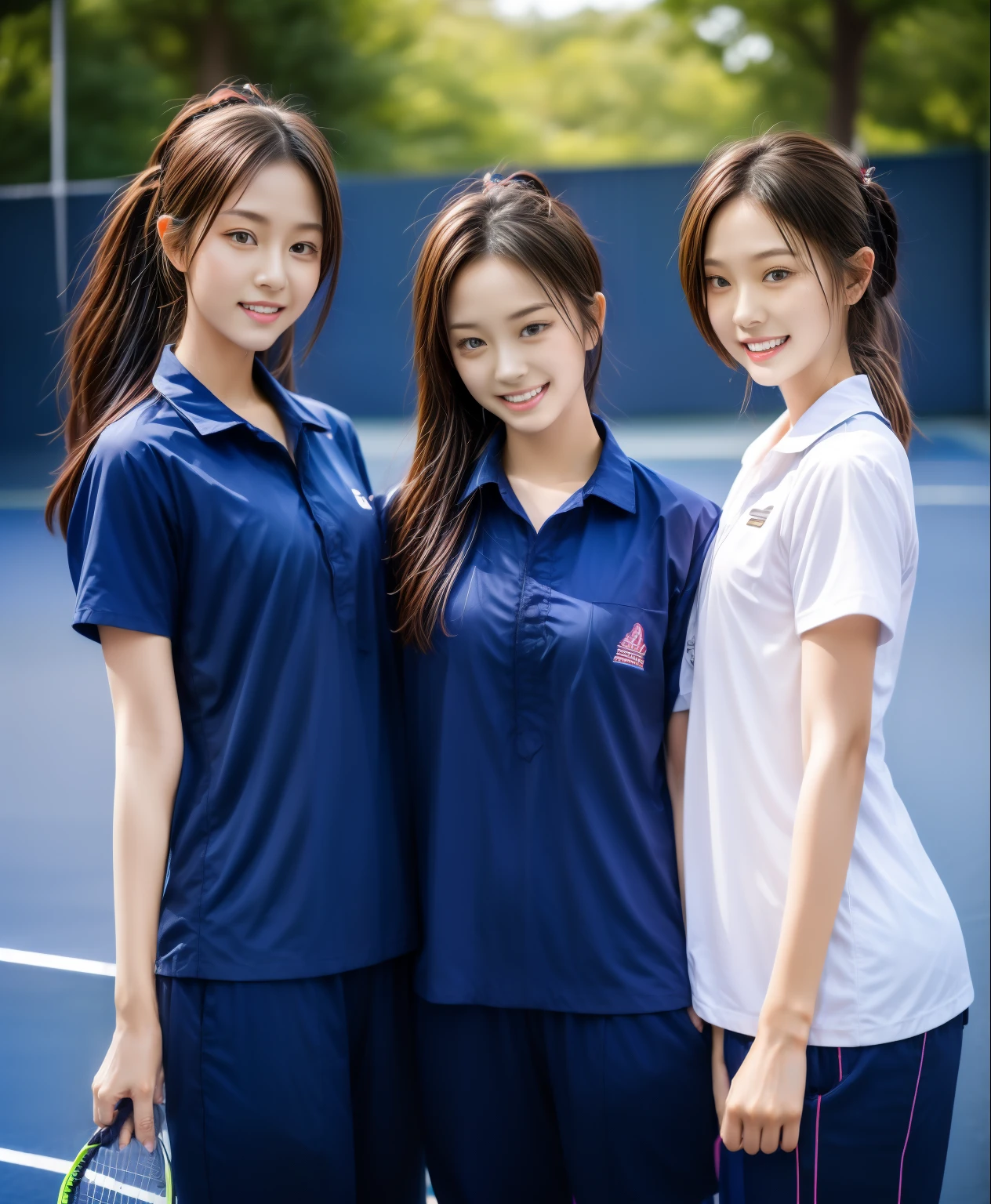 3 girls play tennis at tennis courts, Navy blue short-sleeved shirt,Navy Long Trackpant,Sweatpants, Sweatpantsขายาว,25 year old girl, lesbian, sexy, exercise clothes, wet body, exercise clothes